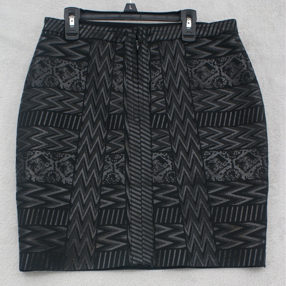 Unbranded Black Metallic Geometric Tribal Print Front Zip Pencil Skirt XL